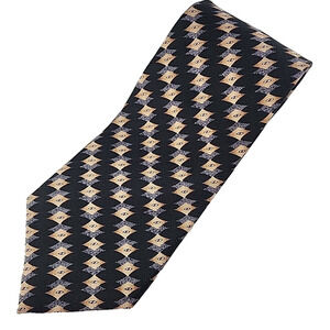 Claiborne Black-Beige-Grey Patterned Silk Tie Necktie - Made in USA - Like New